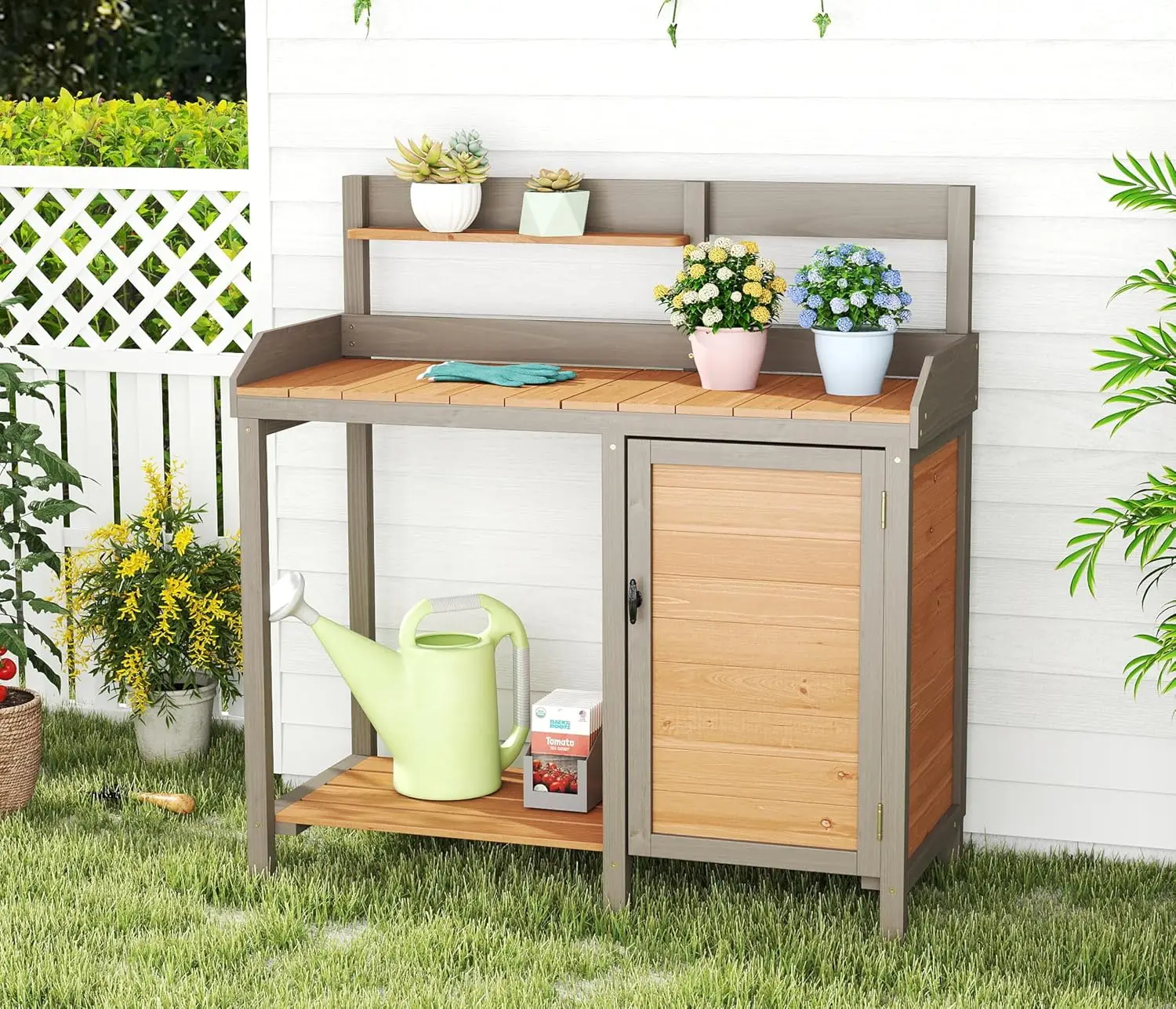 Houten plantentafel met gootst - Leatherwork Bench recensie en prijs
