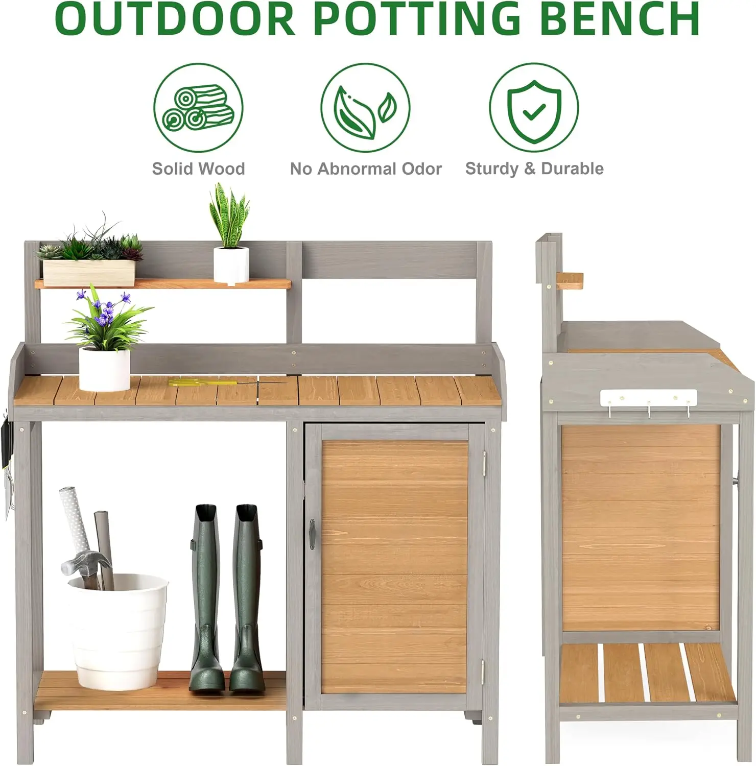 Houten plantentafel met gootst - Leatherwork Bench recensie en prijs